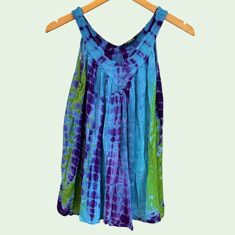 SOL‎ Women Blue Purple Green Tie Dye Rayon Tank Top Boho Sleeveless Free Size